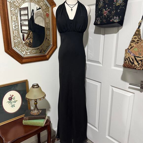 VTG Y2K Betsy & Adam Matte Black Mesh Gothic Ruffled Train Formal Maxi Dress - Picture 2 of 7